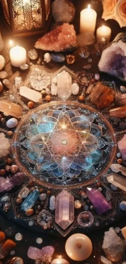 Mystical gemstone and crystal arrangement with candles and intricate design.