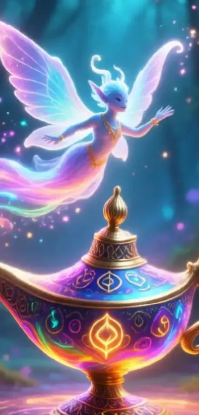 A mystical genie emerging from a colorful lamp in a fantasy setting.