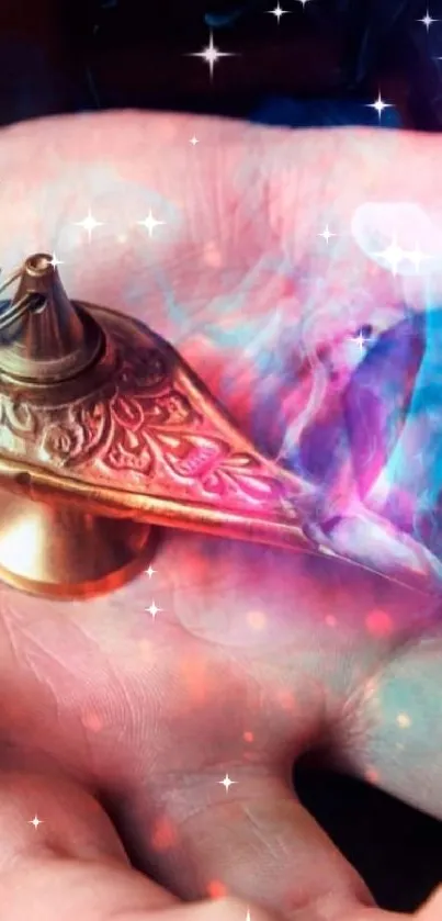 Mystical lamp emitting pink and blue smoke from a hand.