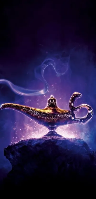 Mystical purple genie lamp with magical smoke on a dark background.