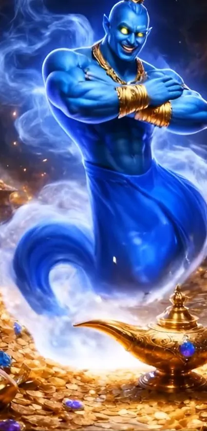 Blue genie emerging from golden lamp with treasure.