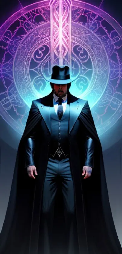 Mystical gentleman with glowing purple circular backdrop.