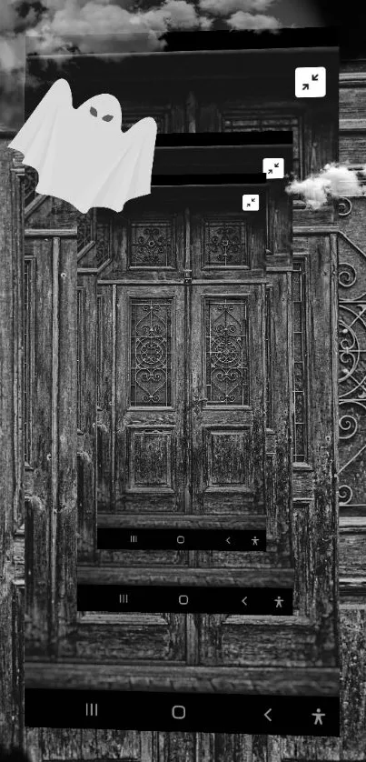 Ghostly figure over a wooden door in monochrome wallpaper.