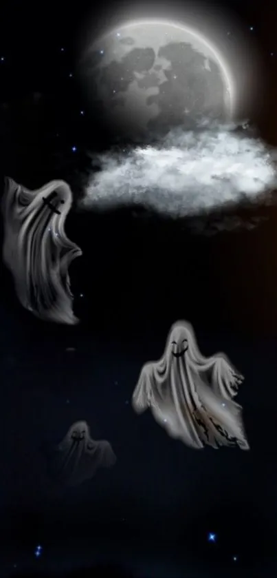 Eerie ghostly figures under a moonlit sky on a black mobile wallpaper.