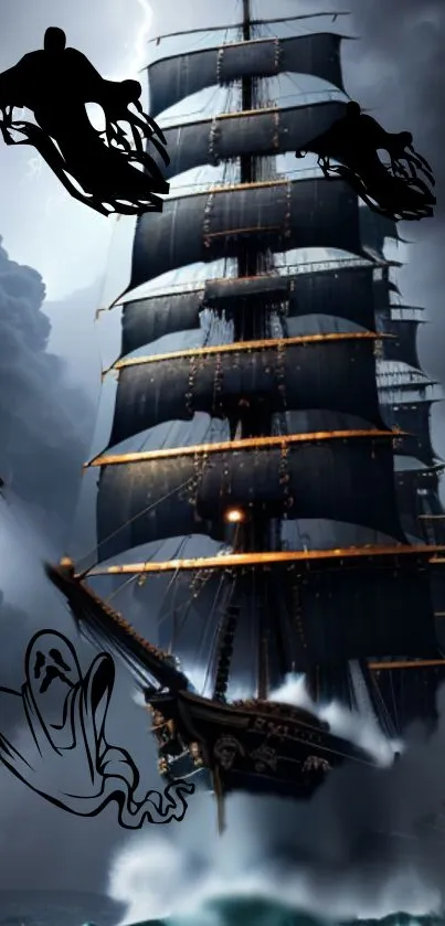 Ghost ship sailing through stormy seas under dark clouds.