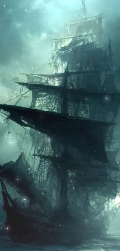 Eerie ghost ship sailing in misty waters.