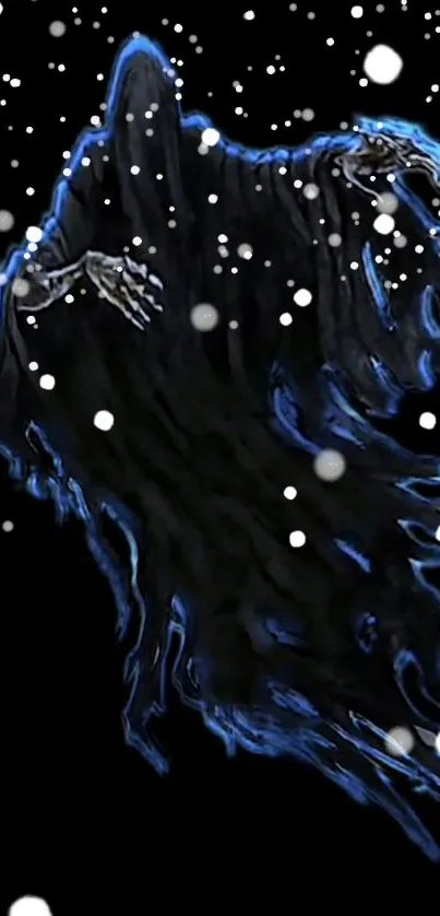 Gothic and ghostly figure with eerie snow-like particles.