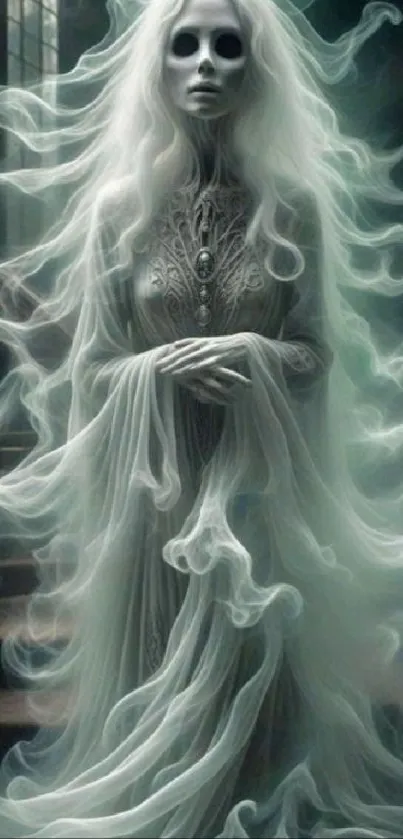 Ethereal ghostly figure in a misty, gothic setting on mobile wallpaper.