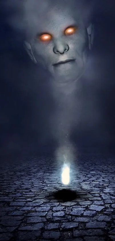 Ghostly figure with glowing eyes over dark cobblestones in eerie wallpaper.