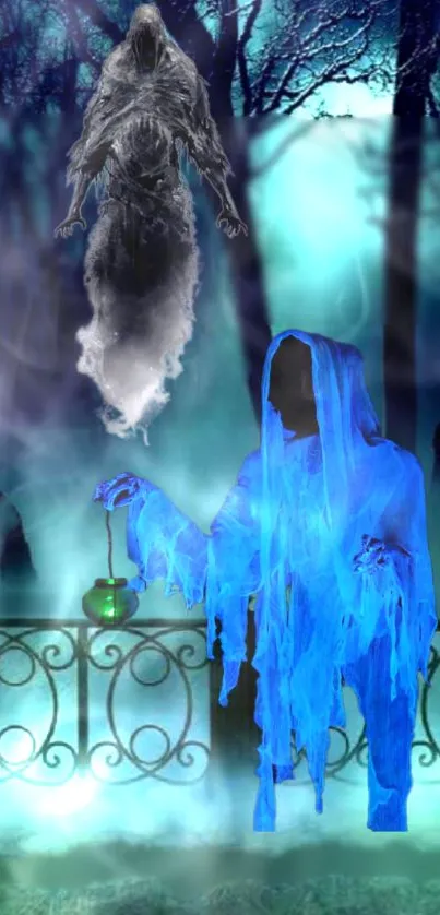 Ghostly figures in a misty blue forest creating a mystical atmosphere.