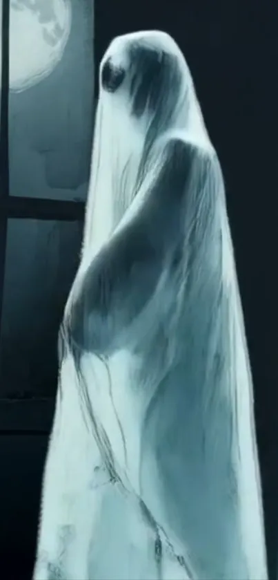 A ghostly silhouette stands under a full moon.