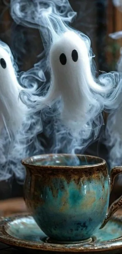 Ethereal ghosts rising above a rustic teacup.