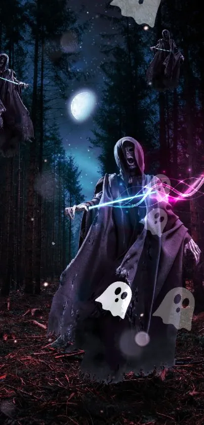 Ghostly figures wander in an enchanted, dark forest with glowing lights.