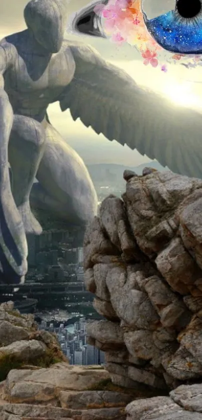 Epic wallpaper of a winged statue overlooking a rocky cityscape.