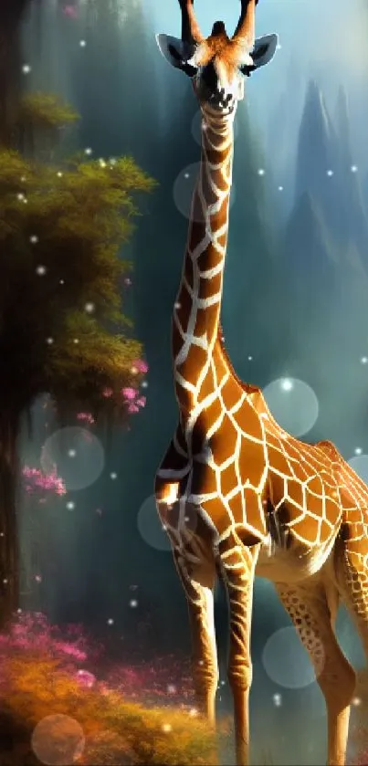 Mystical giraffe standing in a vibrant, fantasy forest setting with lush colors.