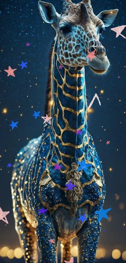 Mystical giraffe with luminous patterns under a starry night sky.