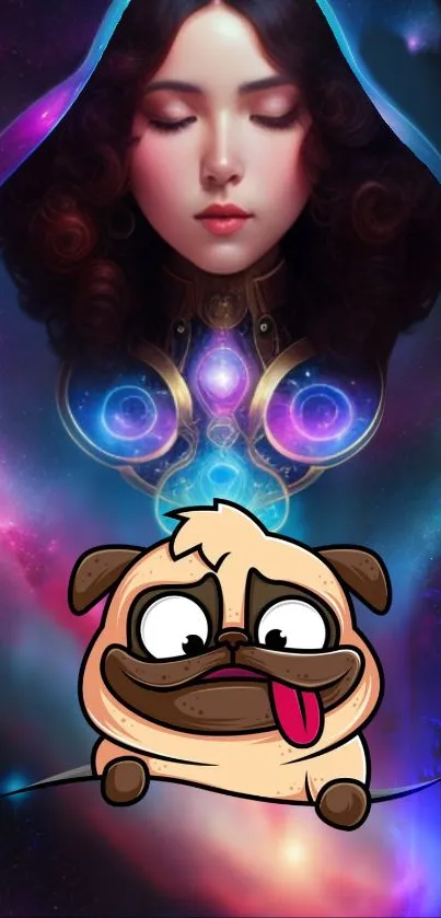 Mystical girl and cartoon pug in a cosmic setting.