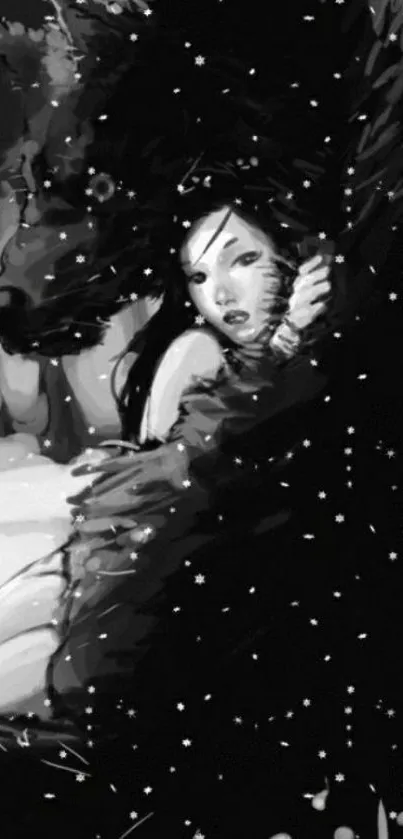 Black and white art of a girl with a wolf in a snowy landscape.