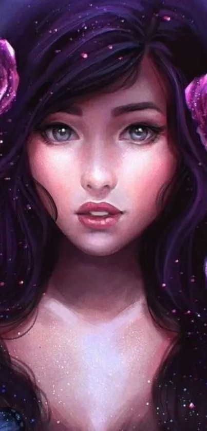 Enchanting fantasy girl with purple roses and butterflies in digital artwork.