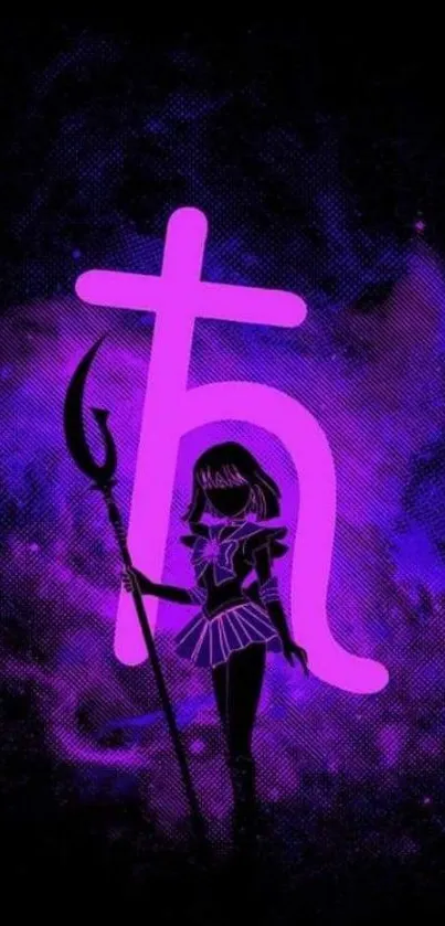 Purple wallpaper with mystical girl silhouette and cosmic glow.