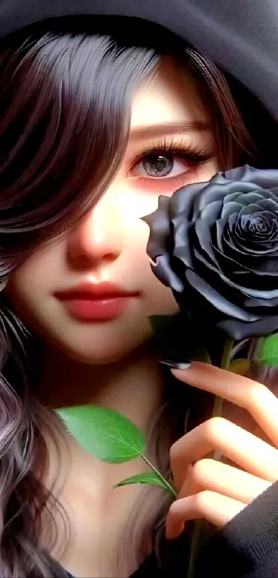 Mystical girl holding a black rose in digital art wallpaper.