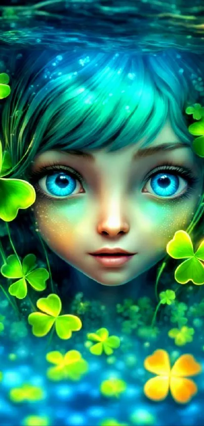 Mystical girl with blue eyes and clovers in vibrant teal background.