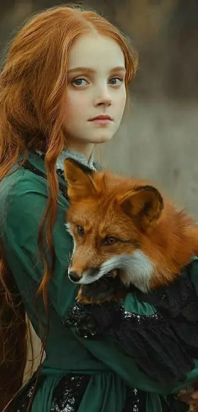 Girl with red hair holding a fox in nature.