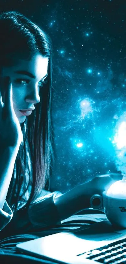 Mystical girl with glowing cup under a starry galaxy background.