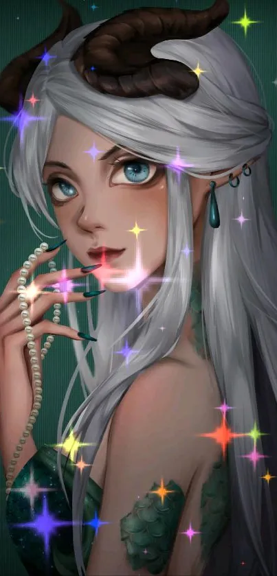 Fantasy girl with white hair and horns on dark teal background scene.