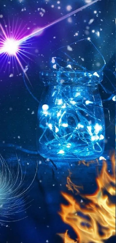 Mystical glass jar with cosmic lights and fire elements on a starry background.