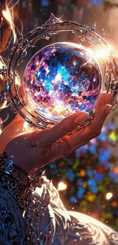 Mystical glass orb held in hand, vibrant colors