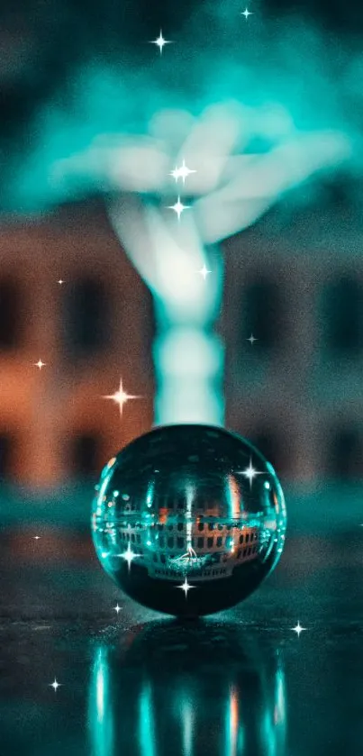 Glass sphere on surface with a teal bokeh backdrop.