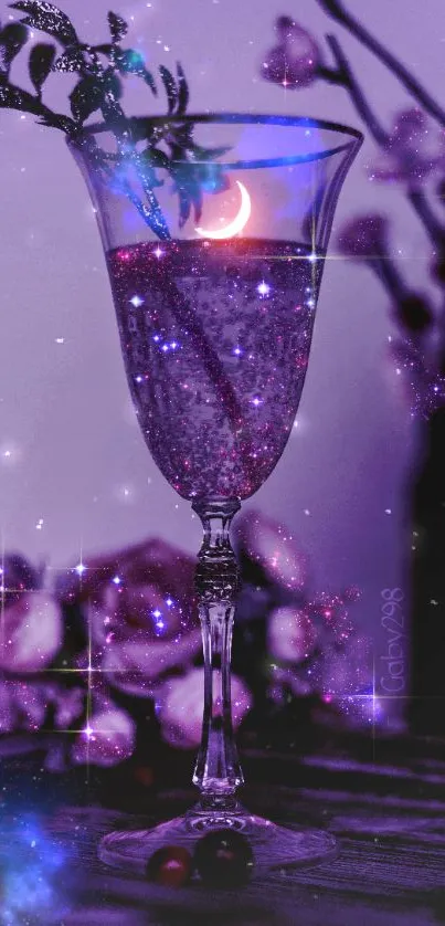 Elegant mystical glass with a moonlit glow in a purple-hued dreamy setting.