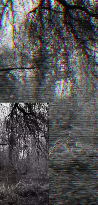 Mysterious glitch effect forest wallpaper for mobile.