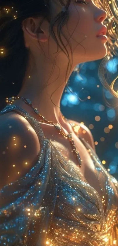 Mystical figure with glittering lights in a fantasy setting
