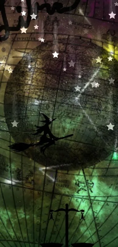 Mystical wallpaper with a witch silhouette flying over a cosmic globe and stars.