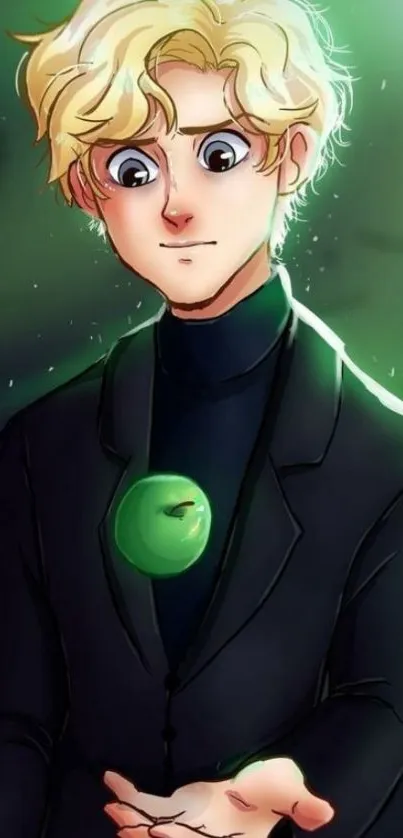 Anime character holding a glowing green orb in a mystical scene.