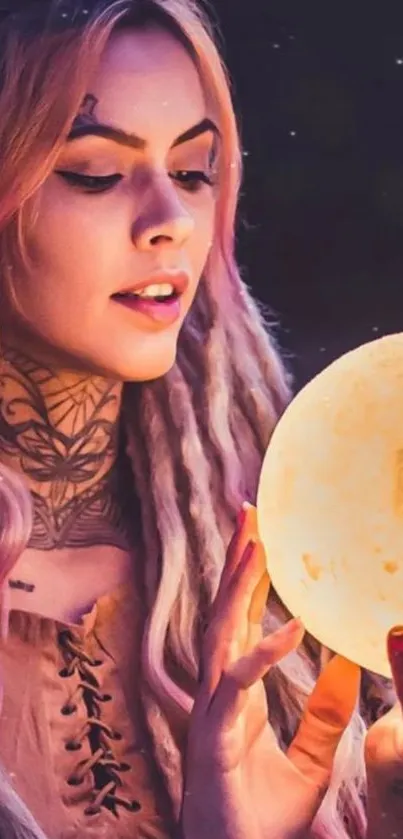 Woman with tattoos holding a glowing orb under a dreamy purple sky.