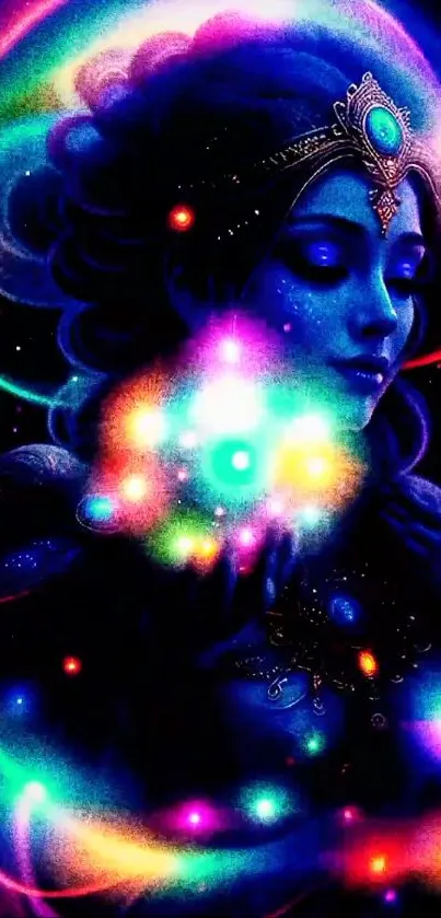 Mystical glowing figure with vibrant cosmic colors.