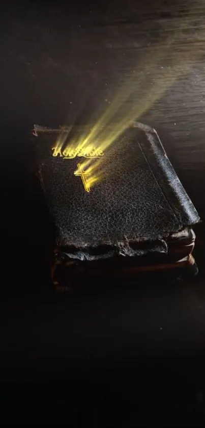 Mystical glowing book on dark wooden surface with golden light.