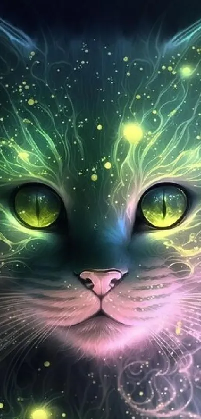 Mystical glowing cat with vibrant neon colors and magical design.