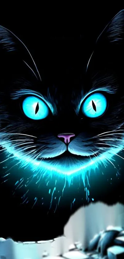 A mystical cat with glowing blue eyes in a dark setting.