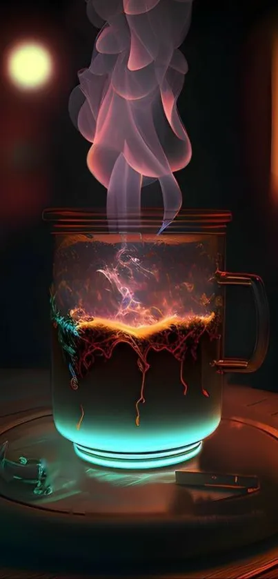 Mystical glowing coffee mug with vibrant steam art.