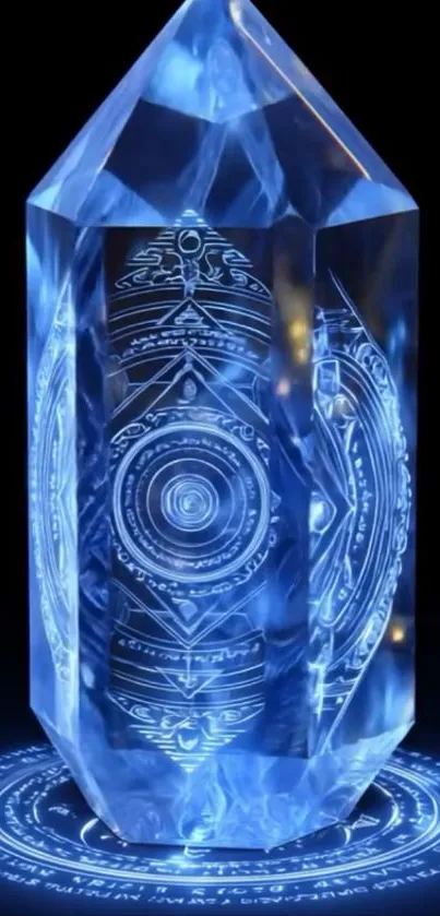 Mystical blue crystal with glowing symbols.