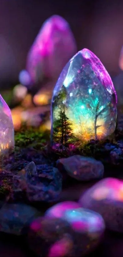 Glowing crystals with vibrant colors in a mystical natural setting.