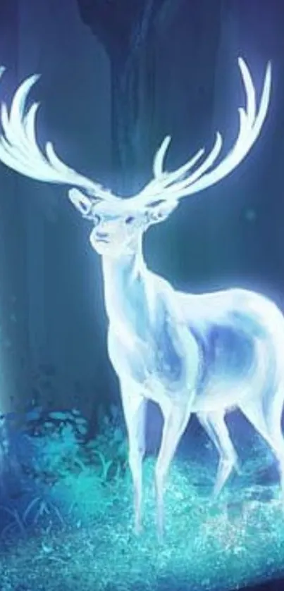 Mystical glowing deer in forest wallpaper.