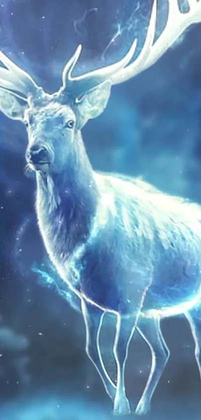 Mystical glowing deer against a starry blue background.