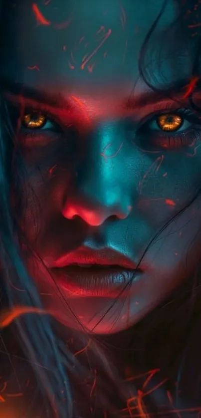 Mystical glowing face with vibrant eyes wallpaper.