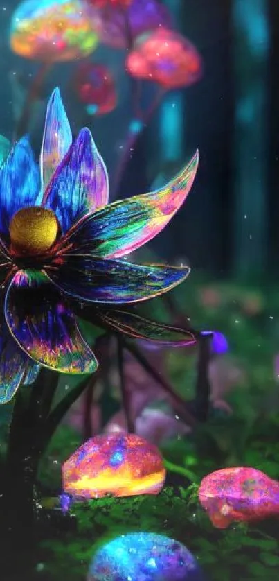 Neon flowers and glowing fungi in a mystical forest scene.