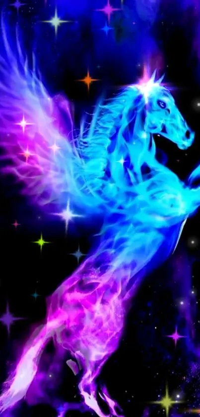 Mystical glowing horse on cosmic background wallpaper.